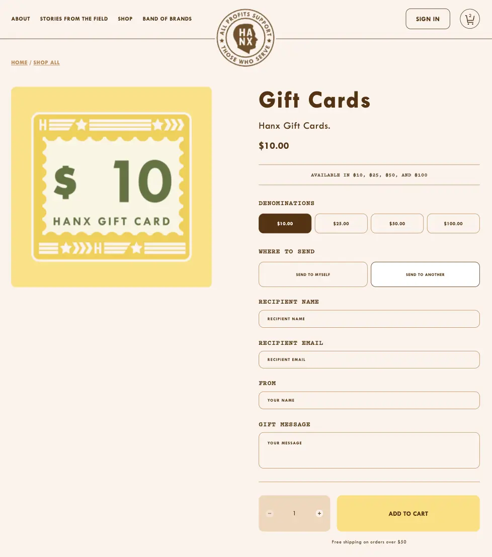 gift card with recipient form