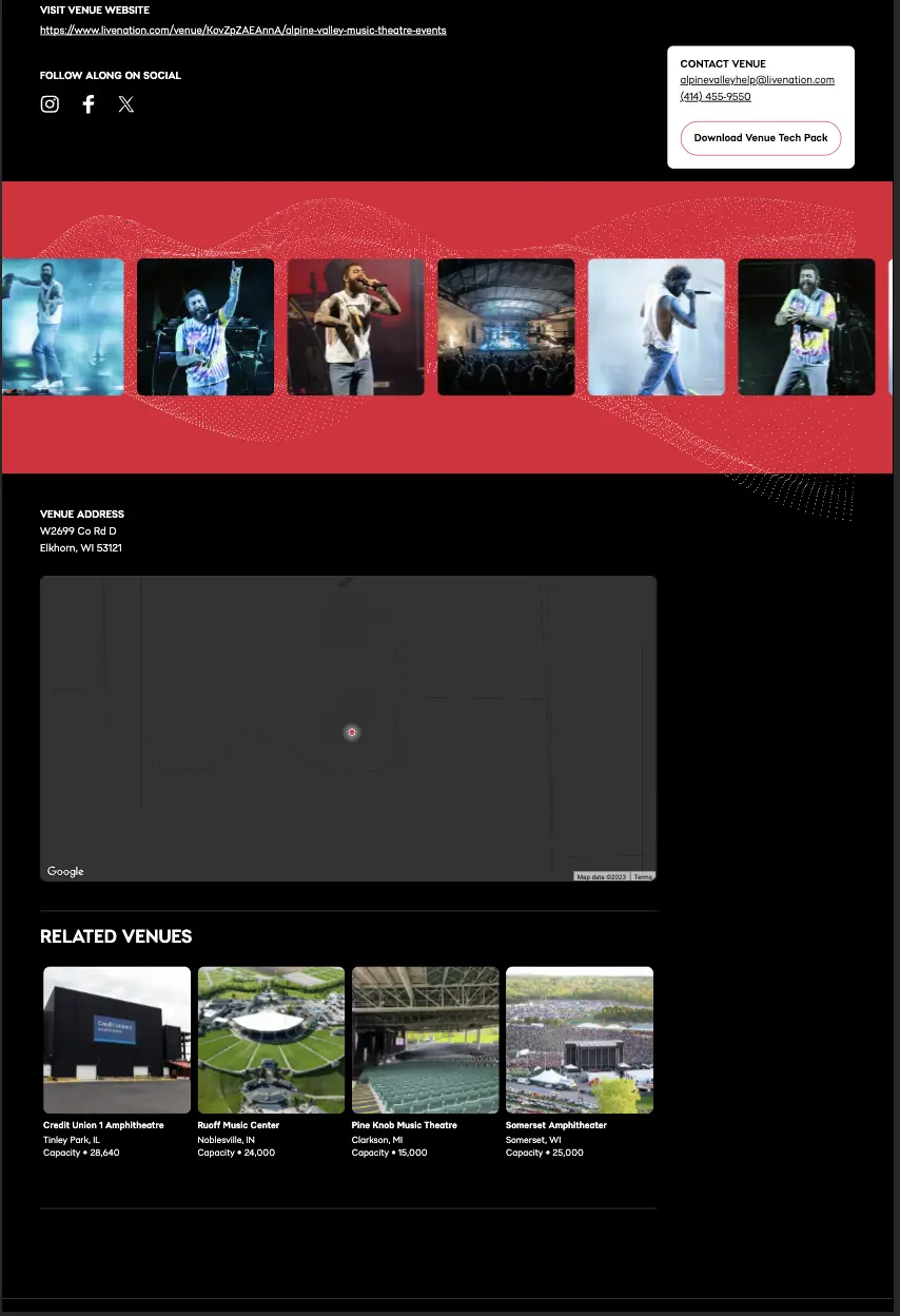 Venue page with social media carousel