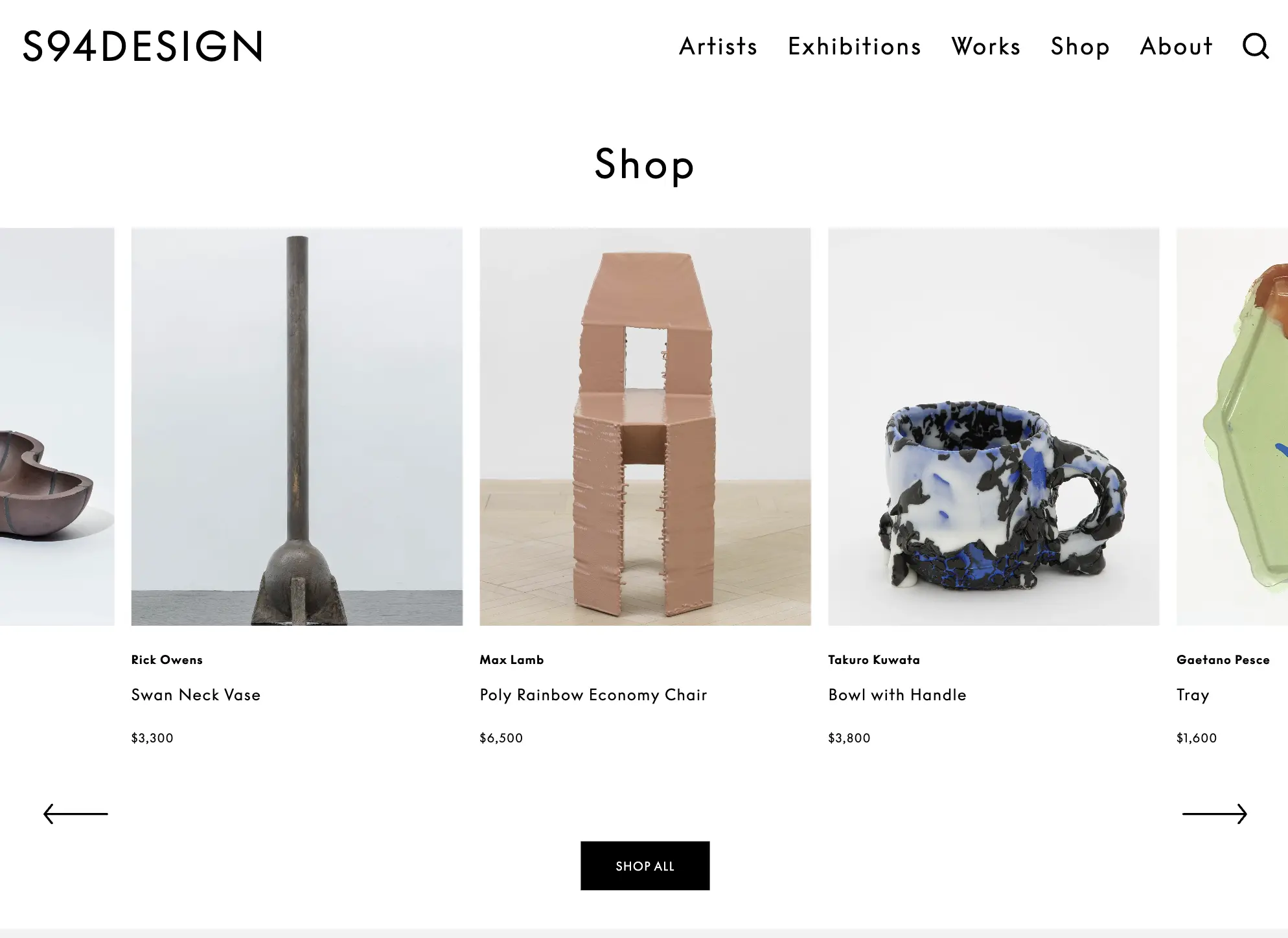 Home page shop carousel, made possible with Shopify/Sanity integration.